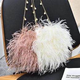 Luxury Ostrich Feather Evening Bags for Women Female Party Wedding Dress Shoulder Clutch Fairy Pearl Chain Handbag Purses 240130