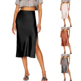 Skirts Women's Elastic Waist High Pure Color Split In The Dress Puffy Slit Skirt For Women Knee Length