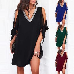 Casual Dresses Women Sequin V-neck Lace Up Chiffon Dress Elegant Female Sexy Off Shoulder Beach Holiday Mini Summer Loose Robe