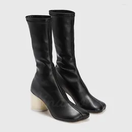 Boots Stretch Ankle Black Genuine Leather Mid Calf Concise Classic Style Winter Shoes Cylindrical White Heel Designer Boot