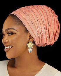 Rhinestones Womens Pleated Turban Cap Candy Colour African Hat Nigeria Geles Muslim Headscarf Bonnet Ladies Head Wraps 240127