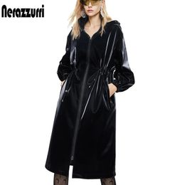 Nerazzurri Long black warm oversized shiny patent leather trench coat for women long sleeve Zip up fall fashion Windbreaker 240119