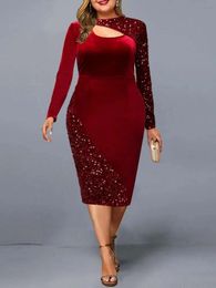 Plus Size Dress for Women Elegant Long Sleeve Midi 2023 Autumn Winter Fashion Slim Evening Party Dresses Red 240202