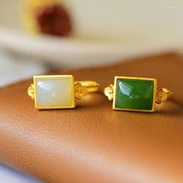 Cluster Rings S925 Sterling Silver Inlaid Natural Hetian White Jade Jasper Square Ring Ancient Gold Craft Simple Fashion