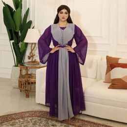 Ethnic Clothing Abaya Woman Dubai Luxury Chiffon Long Maxi Dress Patchwork Contrast Colour Belted Kaftan Turkey Ladies Party Dresses