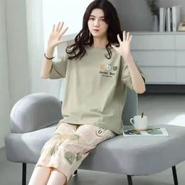 Women's Sleepwear Trousers Pyjama Waist Lounge Cartoon Sleeves Cropped Pants T-shirt Summer Elastic Short Print Women Neck 2pcs/set