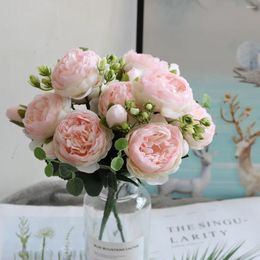 Decorative Flowers 1pcs/30cm Rose Pink Silk Bouquet Peony Artificial Flower 5 Big Head 4 Small Bud Bride Wedding Home Decoration Artifi