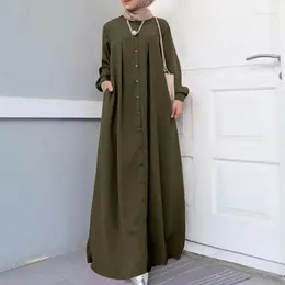 Ethnic Clothing 2024 Autumn Maxi Long Dress Women Sleeve Buttons Sundress Vintage Hijab Muslim Casual Islamic Caftan Robe