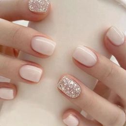 False Nails 24pcs Fake Square Head Stripe French Wearable Manicure Glitter Powder Full Cover Press On Waterproof Faux Fingernail