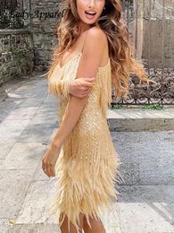 Casual Dresses Y2K Women Sexy Deep V-neck Bodycon Dress Party Clubwear Prom Sequins Feather Tassel Evening Gown Ladies Sling Short