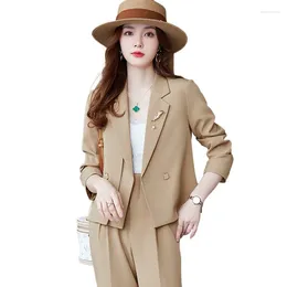 Women's Two Piece Pants Ladies Office Work Wear Blazers Elegant Khaki High Quality Fabric Formal Professional OL Styles Career Trousers Set