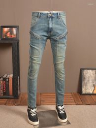 Men's Jeans Retro Distressed Stitching Motorcycle Personalised Clothing Stretch Slim Fit Skinny High-End High Street Pants