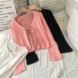 Women's Knits Cardigan Women Cropped Solid Spring Simple Sweet Belt 3 Colours Elegant All-match Korean Fashion Ladies Leisure Knitwear