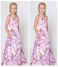 Full Pink Camo Long A Line Flower Girl Dresses Custom 2020 Top Cheap Camouflage Real Tree Camo Kids Girls Party Gowns Country7751958