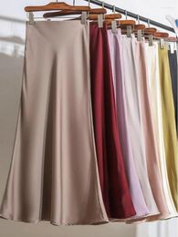 Skirts Women's Long Skirt 2024 Fashion Satin Office Lady Elastic Waist Solid Champagne Purple Red Silk A-LINE For Women