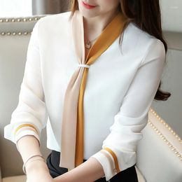 Women's Blouses Fashion Woman 2024 Bow Tie V-neck Office Ladies Tops Long Sleeve Chiffon Blouse Women Womens And C35