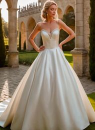 Ivory Wedding Dresses White Bridal Gowns Formal A Line Applique Custom Zipper Lace Up Plus Size Sweetheart Floor-Length Spaghetti Satin Beaded
