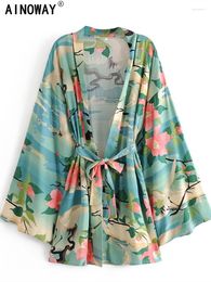 Women's Swimwear Boho Vintage Green Crane Floral Print Sashes Kimono Women V Neck Batwing Sleeves Happie Bohemian Beach Robe Cover-ups