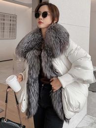 Oversized Winter Warm Real Fox Fur Collar Black Down Coat Women Puffer Outerwear Jackets Autumn Winter 240125