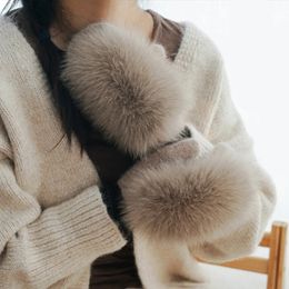 Genuine Real Fox Fur Gloves for Women Luxury Plush Hand Warmer Thicken and Velvet Fashion Mittens Winter 240201