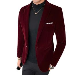 5XL Autum Velvet Wedding Dress Coat Mens Blazer Jacket Fashion Casual Suit Stage Business Blazers Costume Homme 240125