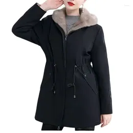 Women's Trench Coats Parkas 2024 Winter Fur Coat Female Mid-length Fleece Wool Liner Hooded Warm Black Windproof Jacket 4XL