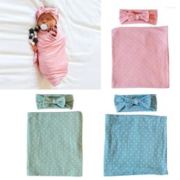 Blankets 54DA Born Receiving Blanket Bowknot Headband Set Baby Infant Cotton Sleeping Bag