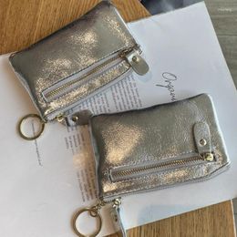 Storage Bags Fashion Genuine Leather Zipper Coin Purse Mini Cute Silver Wallet For Women Portable Key Card Bag Organiser Pouch