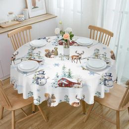 Table Cloth Christmas Farmhouse Squirrel Snowman Elk Waterproof Tablecloth Decoration Wedding Home Kitchen Dining Room Round