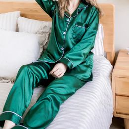 Women Silk Pyjama Set 2 Pieces Sleepwear Homewear Long Sleeve Pants Home Clothes Night Wear For 240201