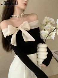 JOEVILU Off Shoulder Bow TShirt Women Sexy Exposed Clavicle Crop Top Spring and Autumn Korean Elegant Long Sleeve Bottom Shirts 240202