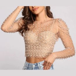 Womens Diamond Bead Perspective Mesh Top Summer Sexy See Through Female Bubble Long Sleeve Tshirts ONeck Club Party Tops 240201