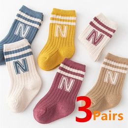 3 Pairs Children Knit Soft Cotton Letter Socks Kids Long Knee High Infant Toddler Baby Boys Girls Cute Stripe 240125