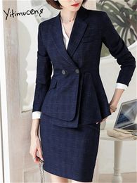 Two Piece Dress Yitimuceng Plaid Sets Womens Outifits 2024 Elegant Office Ladies Turn Down Collar Blazer Fashion Mini Skirt Suits