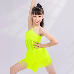 Stage Wear Fluorescent Yellow Latin Dance Dress Girls Summer Professional Clothes Tassel Competition Clothing Kids DNV19370