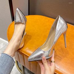 Dress Shoes NIUFUNI Summer Pointy Solid Color Stone Grain Silver Women's Pumps Stiletto High Heels Fashion Simple Elegant Woman SShoes
