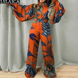 Women's Two Piece Pants Jumpsuit Women Long Sleeve Casual Elegant S-5XL Fashion Turn-down Collar Clothing Outfits Printed Vintage One Piece Bodysuit YQ240214