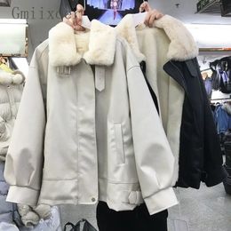 Gmiixder Motorcycle Suit PU Leather Jacket Fur Integrated Short Coat Womens Winter Korean Loose BF Lamb Wool Padded Parkas 240130