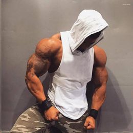 Men's Tank Tops Men Hooded Cotton Vest Athletic Sleeveless Sports With Deep Armpit Big Patch For Training