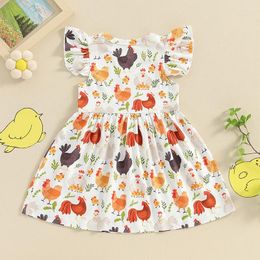 Girl Dresses Kids Baby Girls Farm Ruffled Sleeve Tunic Dress Chicken Dinasour Casual Swing Sundress Party Princess