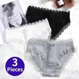 Women's Panties BZEL 3PCS/Set Breathable Cotton Underwear Female Lace Bows Briefs Comfortable Lingerie Simple Striped Underpants