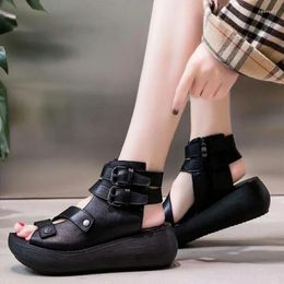 Dress Shoes Women Summer Sandals Mid Heels Wedges Ladies Vintage Leather Plus Size 40 Sandalias Mujer Sapato Feminino Fashion Footwear