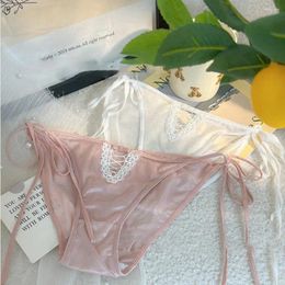 Women's Panties Comfortable Thin Belt For Girls Ribbon Lingeries Solid Colour Ice Silk Women Satin Sweet Briefs Korean Underwear