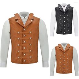 Men's Tank Tops Punk Rave Mens Steampunk Waistcoat Vest Solid Colour Buttons Sleeveless Lapel PU Top Gothic Victorian Gentleman Wedding