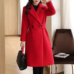 Fall Winter Women Overcoat Thick Solid Colour Turndown Collar Long Sleeve Cardigan Belted Button Mid Length Loose Lady Coat 240119