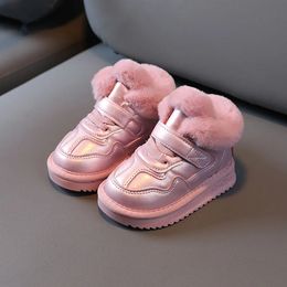 Winter Snow Boots For Girls PU Leather Plush Warm Cotton Shoes Anti-slippery Soft-soled Velvet Soft Winter Footwear For Kid 240129