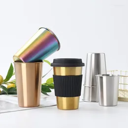 Mugs 1 Pc 304 Stainless Steel Coffee Cups With Silicone Lids 500ml Non-slip Anti-scalding Sleeves Case Drinking Water Tea