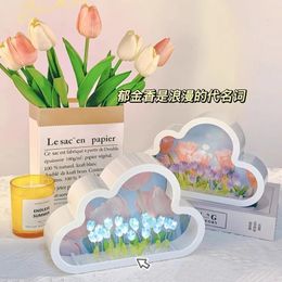 INS Handmade DIY Cloud Tulip Mirror LED Small Night Light Creative Girl Bedroom Room Desktop Decoration Birthday Holiday Gift 240127