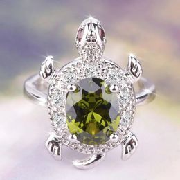Female Lovely Cute Olive Green Turtle Ring Crystal Zircon Stone Tortoise Animal Rings For Women Banquet Wedding Jewellery Gift 240125