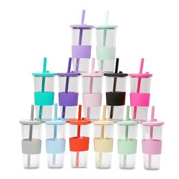 24oz Bubble Tea Tumbler Plastic Smoothie Tumbler with Straw and Silicone Lid Reusable Boba Cup Double Wall Iced Coffee Tumbler 240122